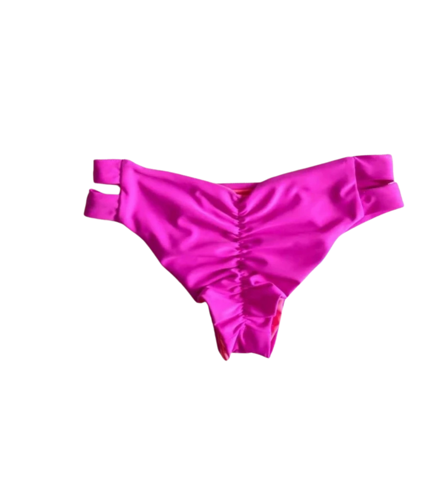 Magenta low-rise bikini bottom with ruched back and double side straps
