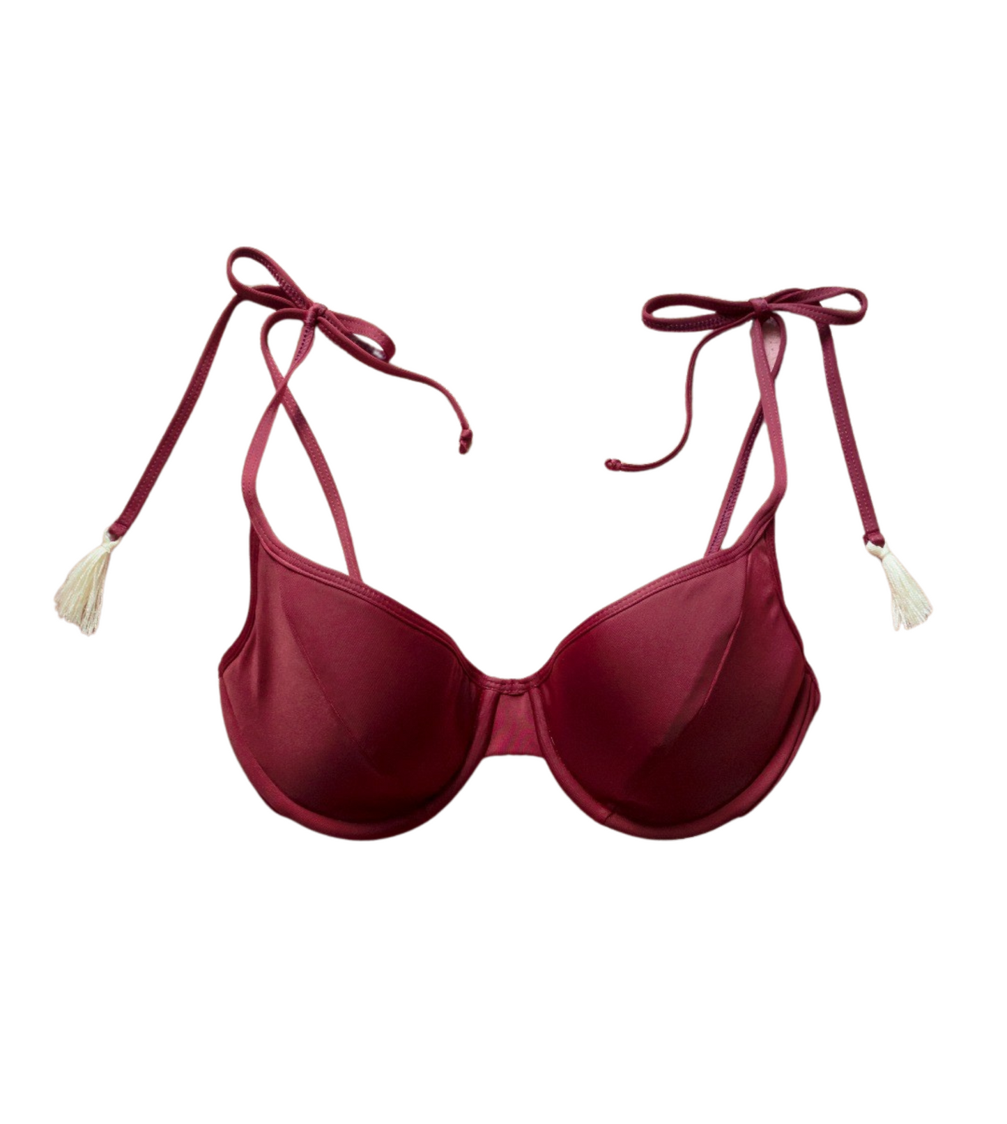 Burgundy underwire bikini top with adjustable shoulder ties and tassel accents – Saona 4 by Del Mar y el Sol