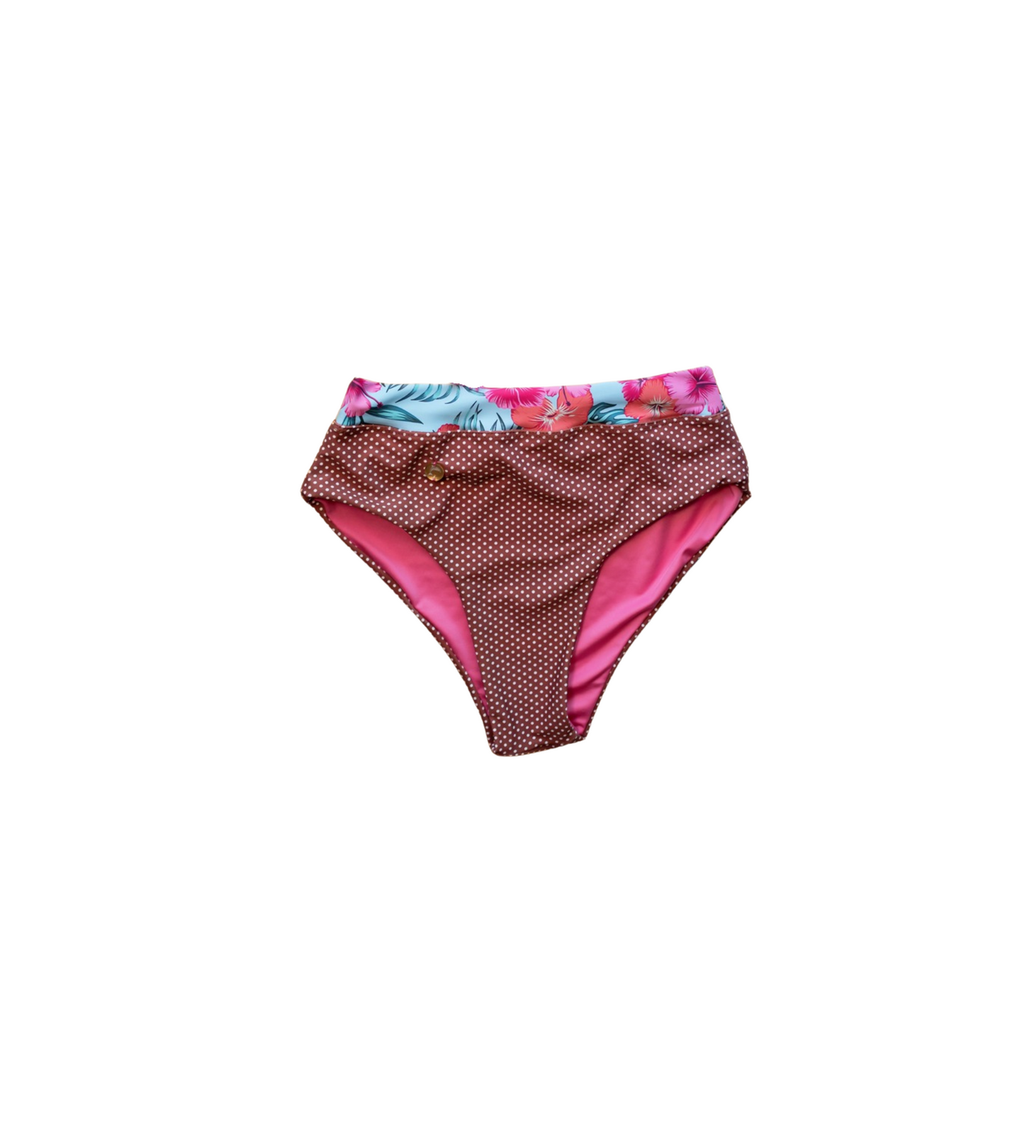 High-waisted bikini bottom in polka dot print with floral waistband and pink lining
