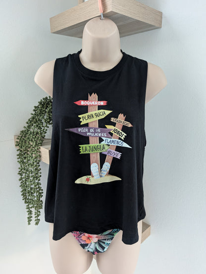 Black tank top with colorful graphic design on a mannequin against a light gray background.
