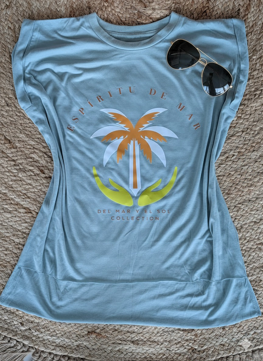 Light green with palm tree design and sunglasses on a textured surface
