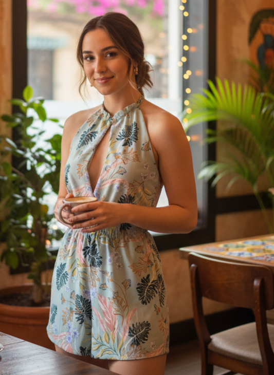 Woman in a casual floral romper standing in a restaurant setting. 