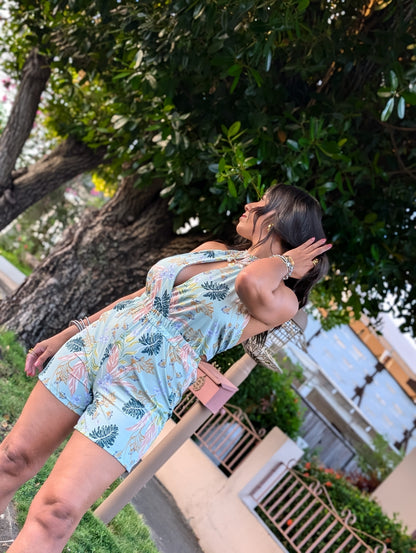A woman wearing a halter casual romper