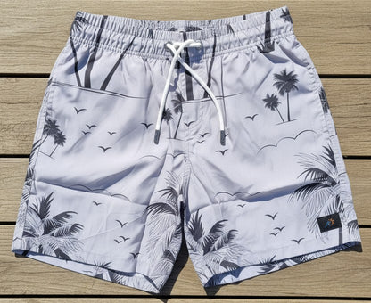 Lightweight men’s swim trunks with tropical palm print and relaxed beach fit