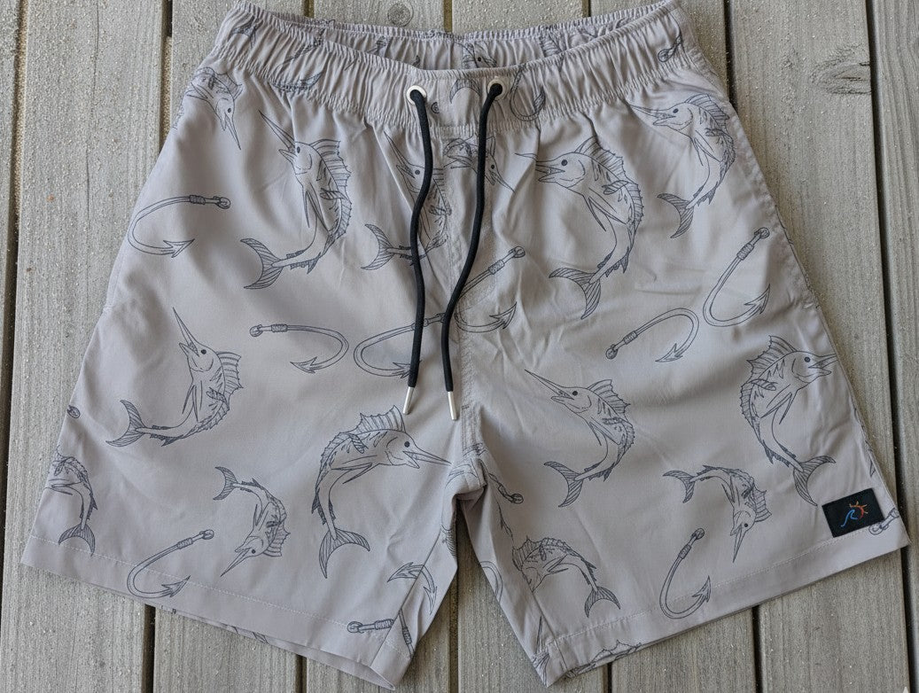 Lightweight polyester fishing shorts with elastic waistband and drawstring
