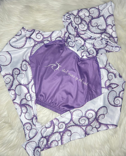 Purple Cropped Rashguard with purple print sleeves. Hoodie and UPF50+