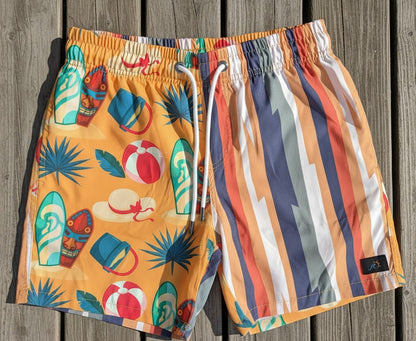 Tropical quick-dry men’s beach shorts with adjustable waistband and vibrant summer-inspired artwork