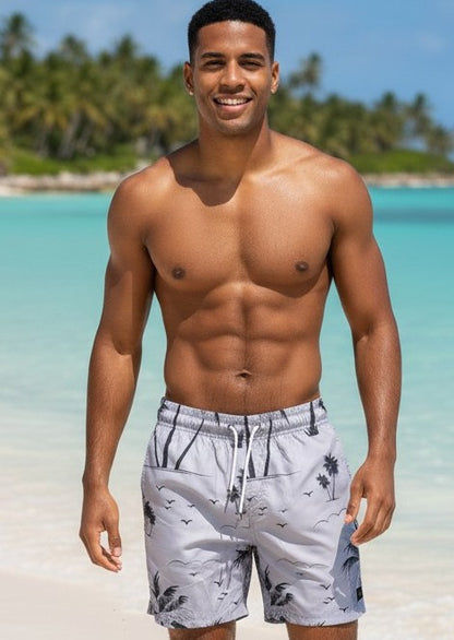 Men’s tropical beach shorts with palm tree inspired print and adjustable drawstring waistband