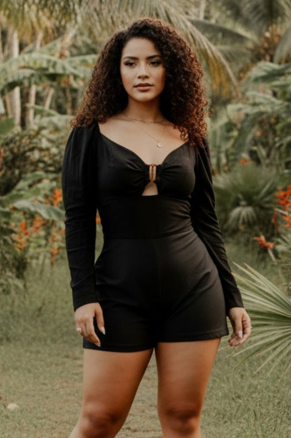 Women’s black long sleeve romper fitted casual outfit