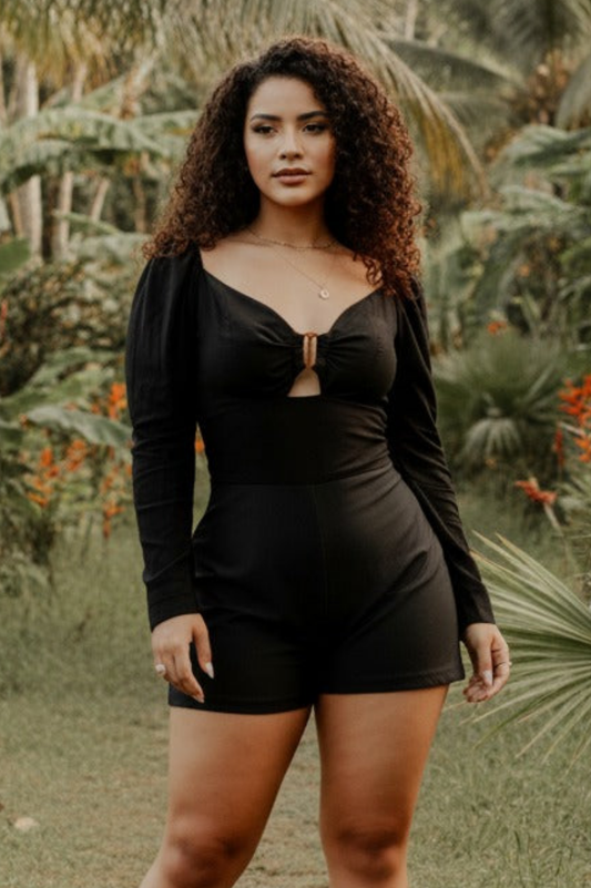 Women’s black long sleeve romper fitted casual outfit