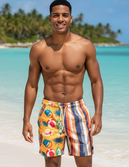 Men’s tropical beach shorts with retro striped print and colorful summer graphics in half-and-half design
