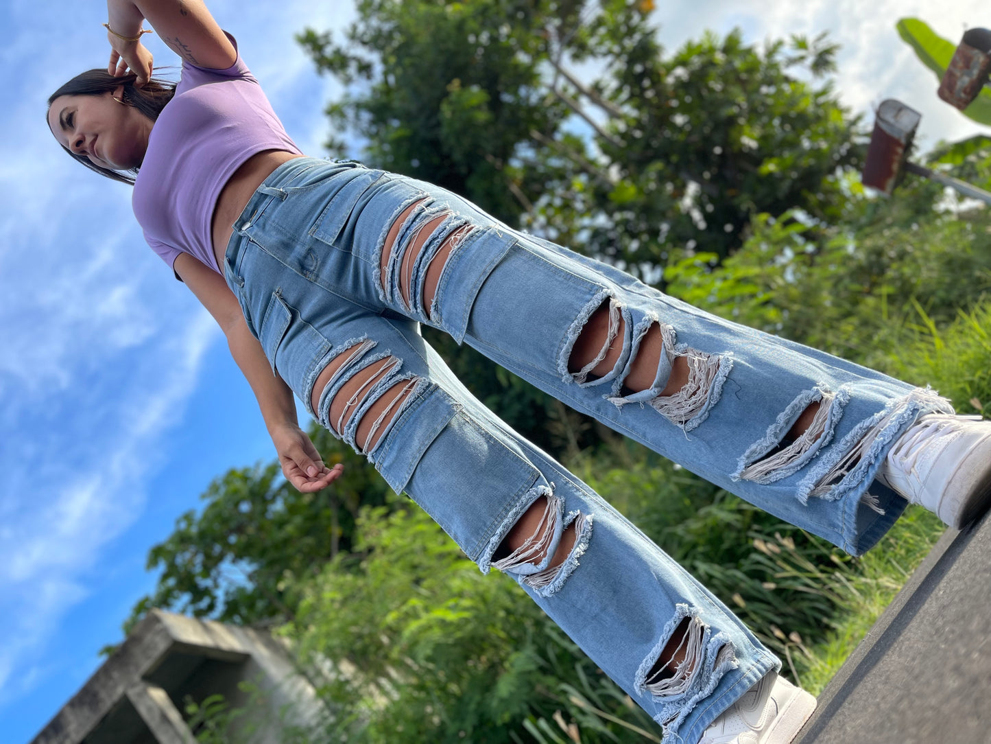 High waist distressed jeans relaxed fit women fashion