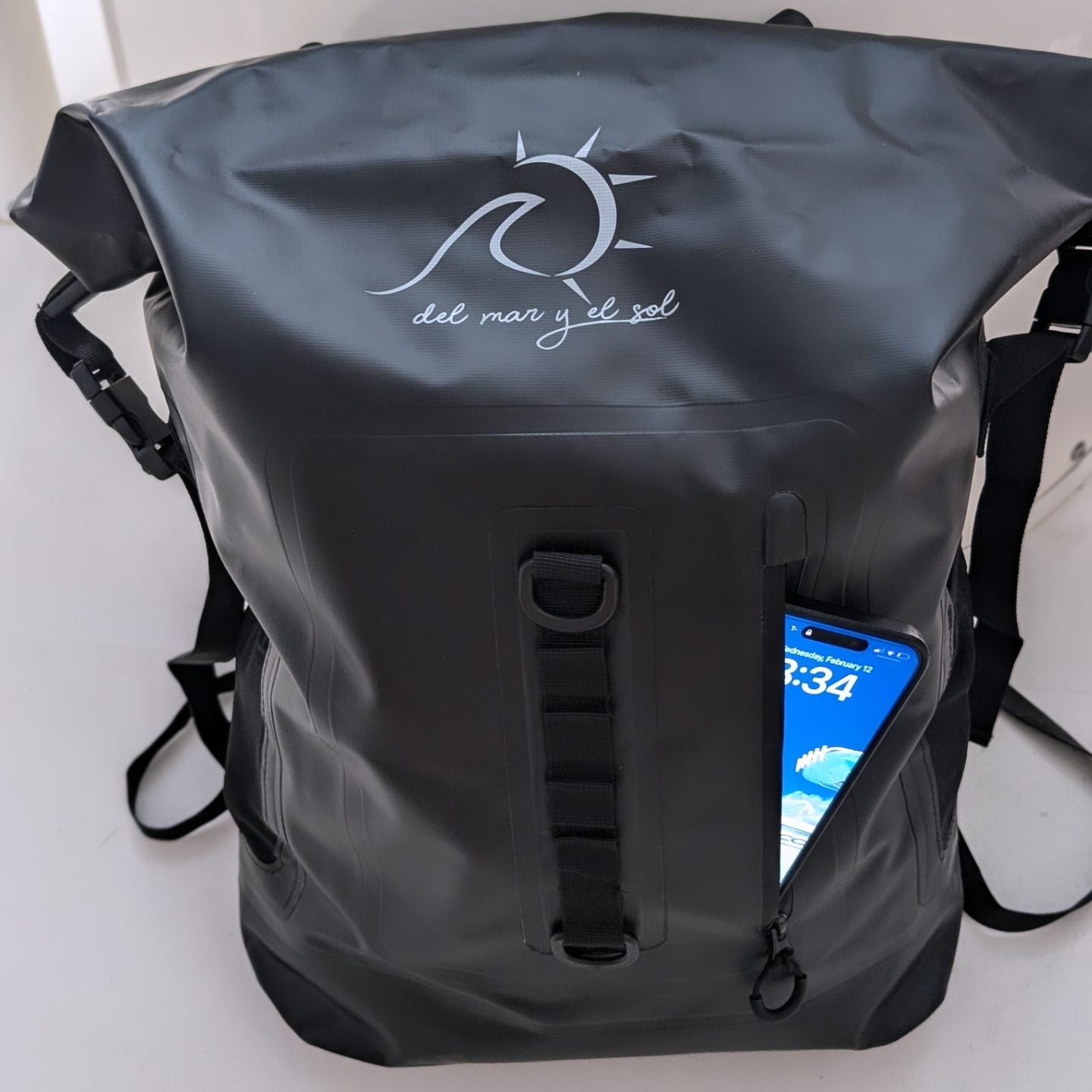 Rear view of the waterproof backpack showcasing breathable straps.
