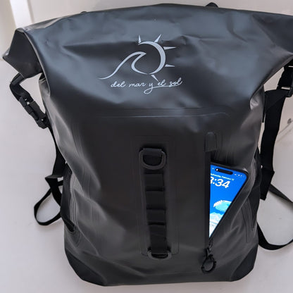 Rear view of the waterproof backpack showcasing breathable straps.