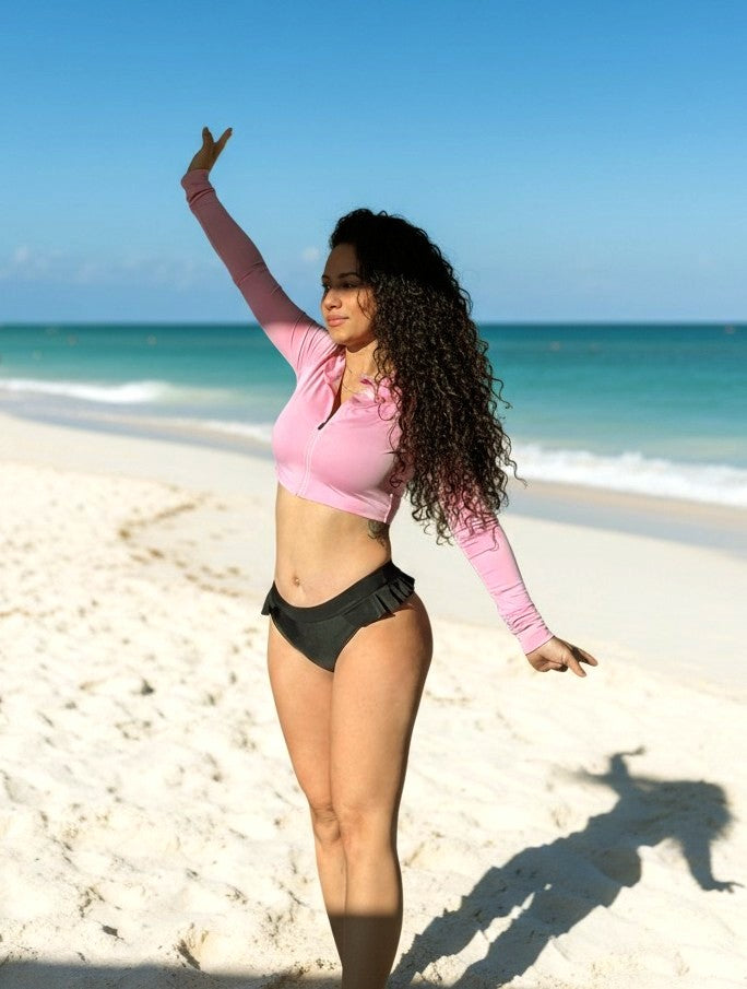 Solar Drift Cropped Rash Guard with Hoodie – Women's Sun Protection Swimwear