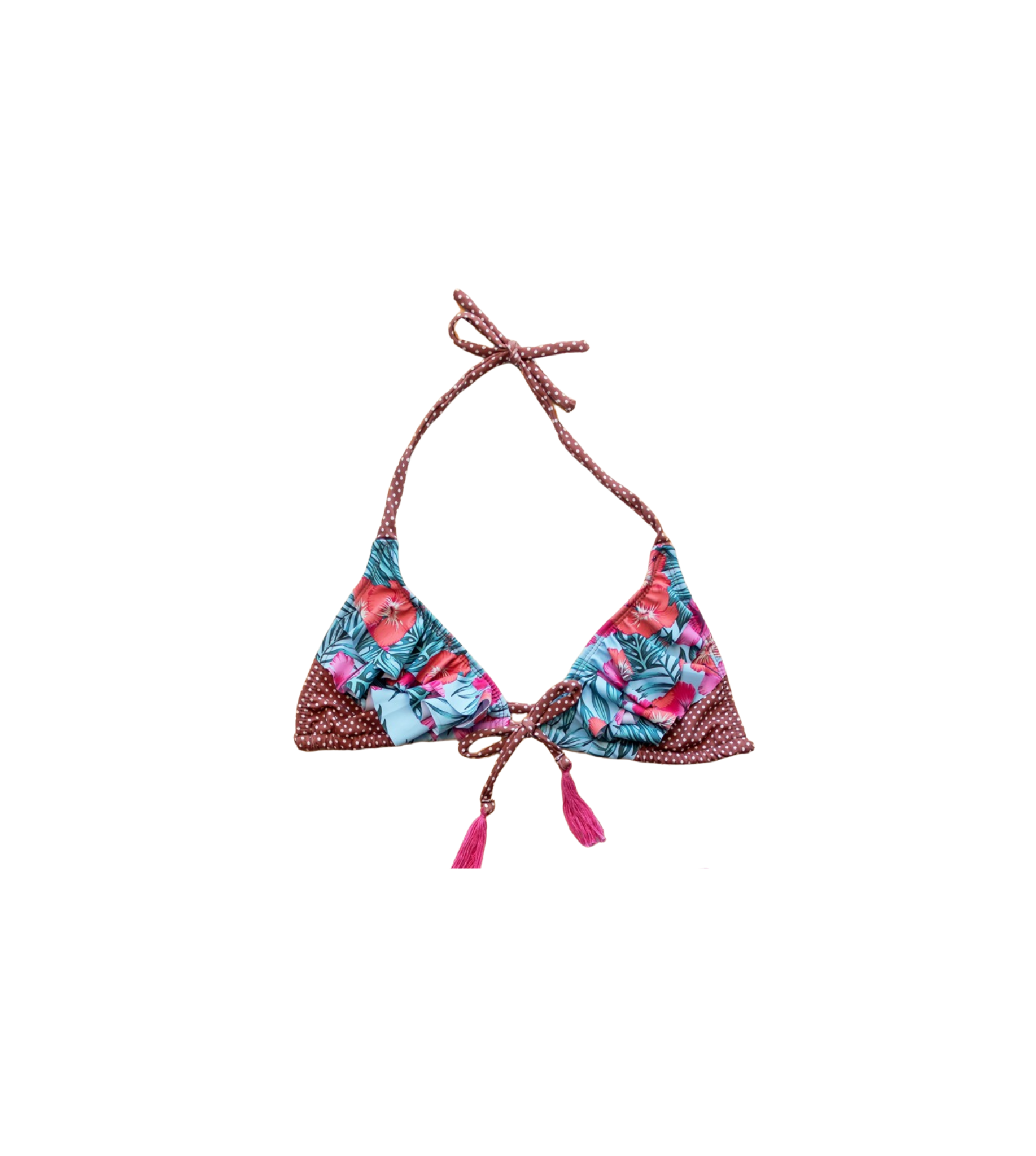 Fresia Ruffle Triangle Bikini Top with floral and polka dot design, front tie, and halter neckline.

