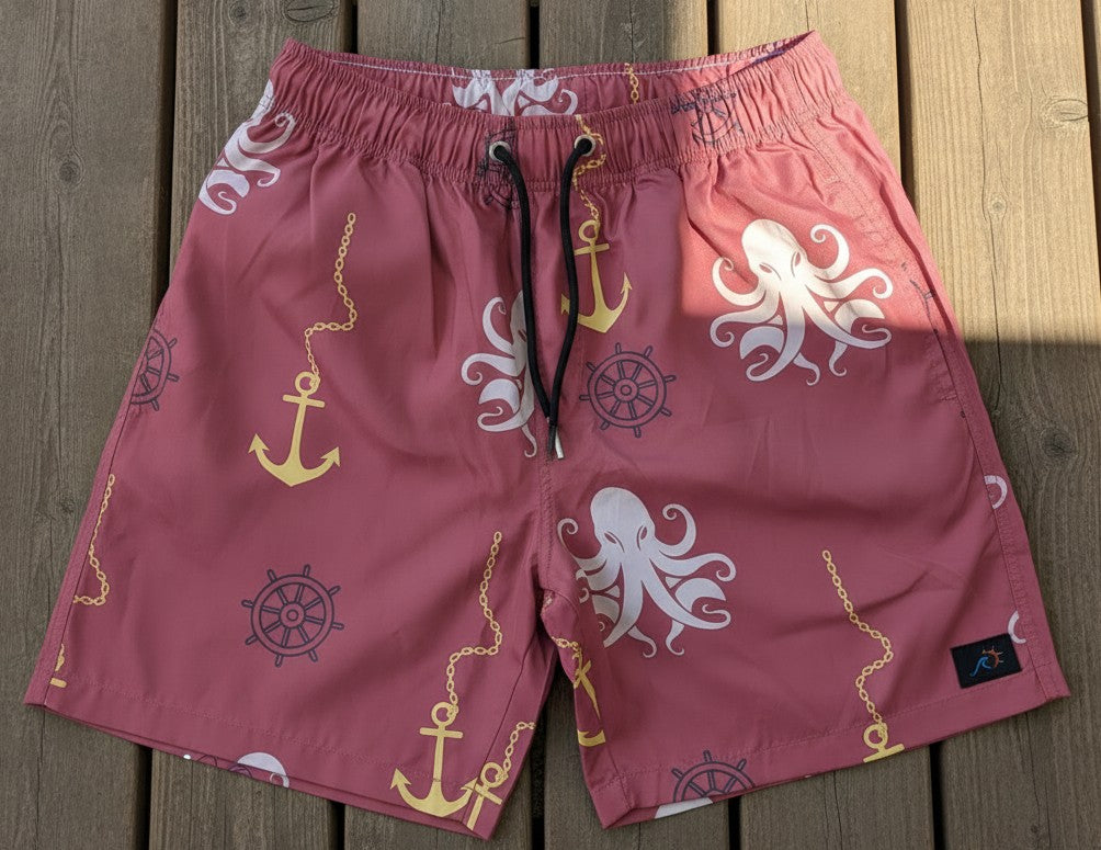 Men’s Terracotta Nautical Print Swim Shorts – Octopus & Anchor Design
