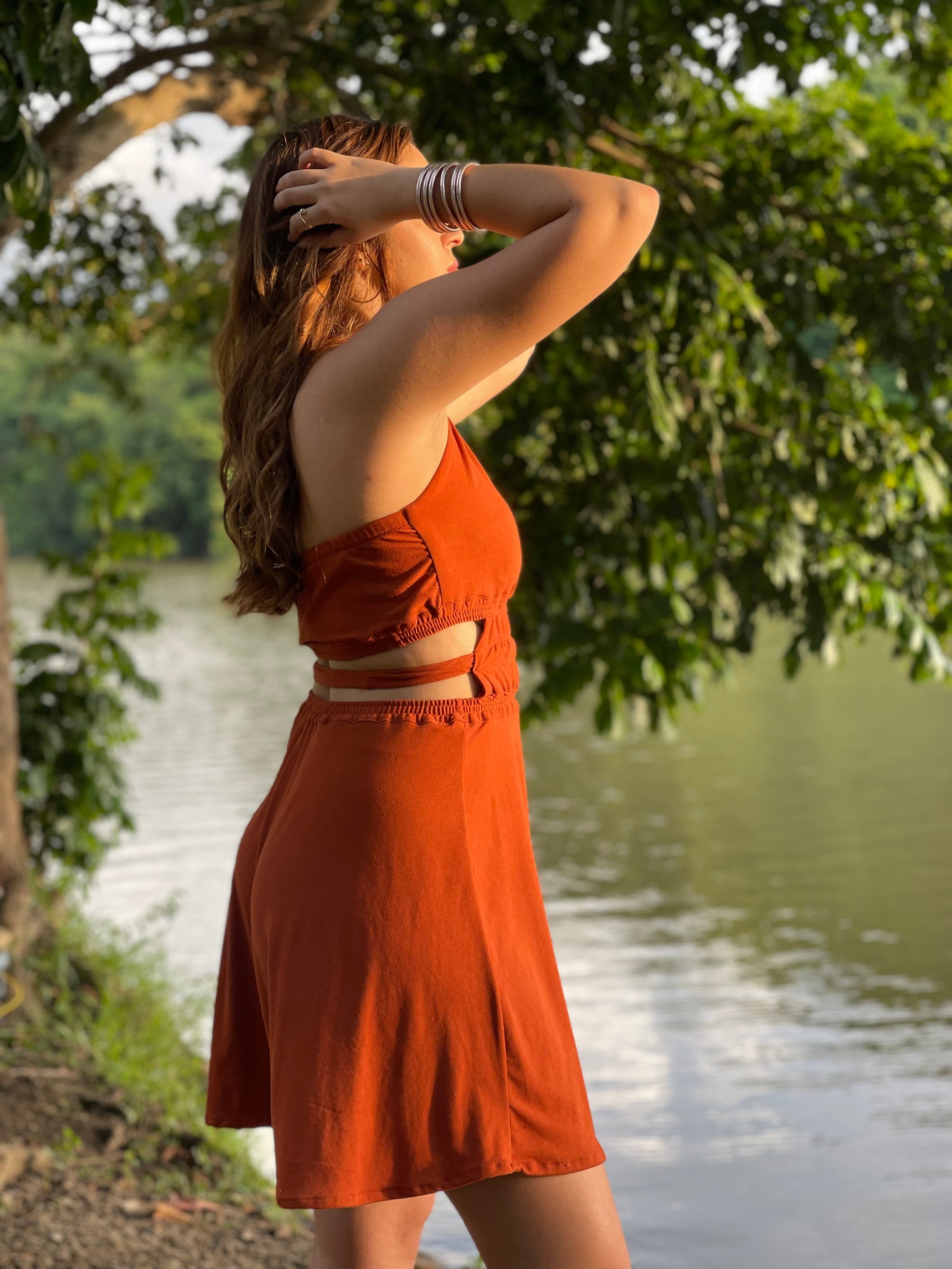 Halter dress with waist cut out casual outfit