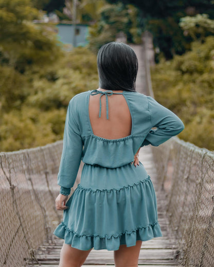 Structured linen romano dress with elastic waist and long sleeves. 