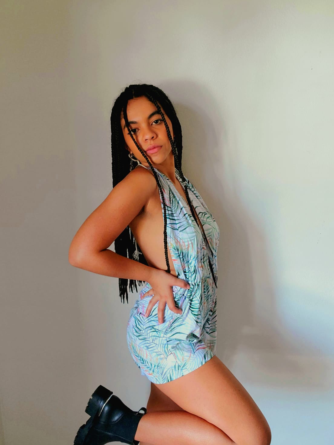 Women’s tropical halter romper open back summer outfit