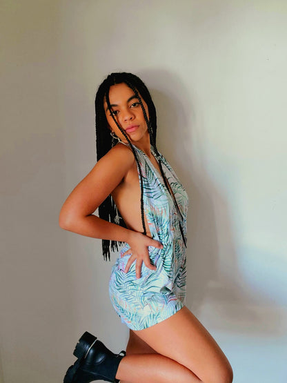 Women’s tropical halter romper open back summer outfit